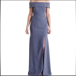 DESSY COLLECTION Silver Stone Blue off shoulder full length dress Size 16 NWT